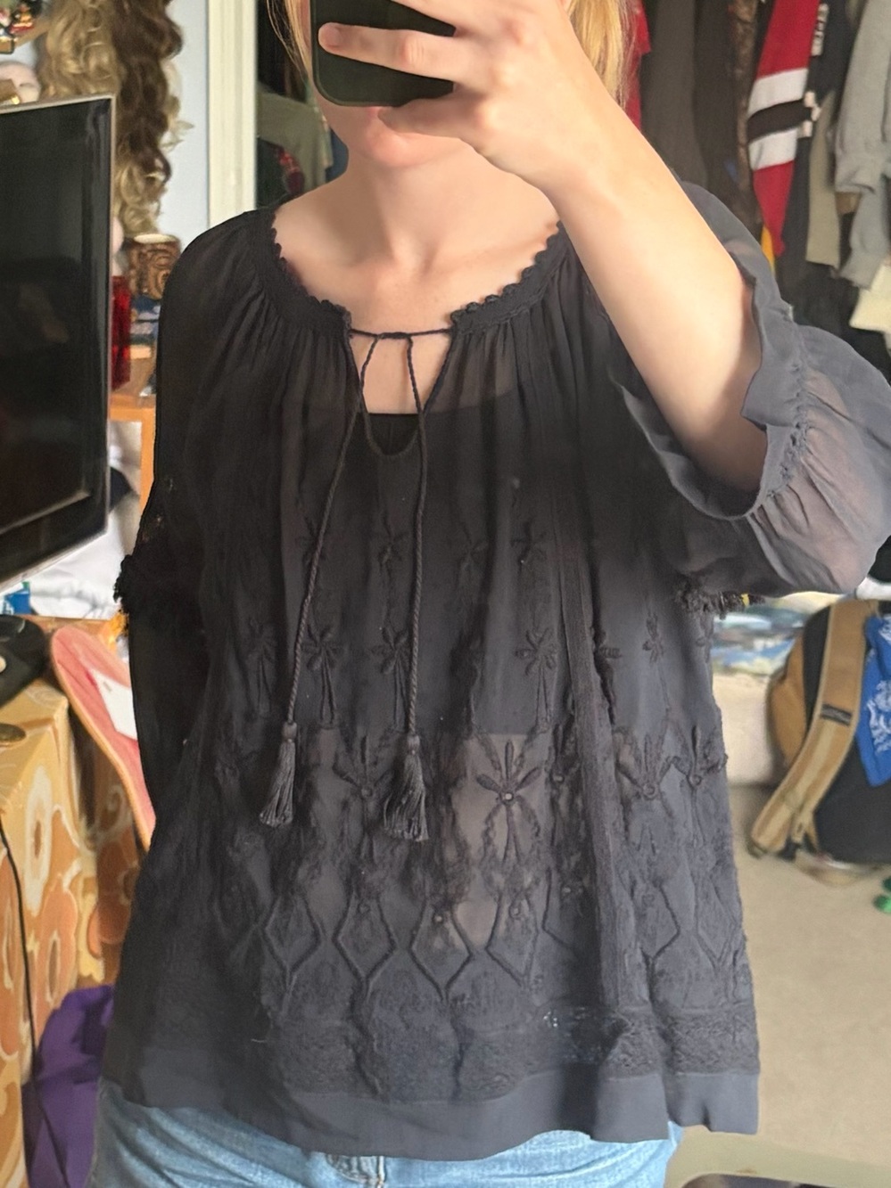 Ulla Johnson Black Embroidered Sheer Peasant Blouse